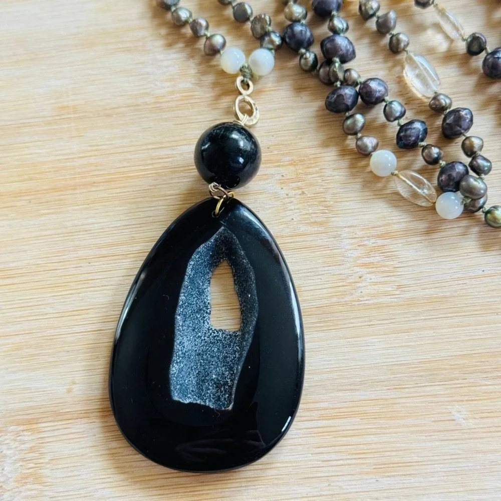 VTG‎ Y2K Pearl Druzy Onyx Citrine Necklace BOHO Artisan Mod Beaded OOAK 35